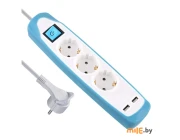 Удлинитель 3Р кабель ПВС 3G1,02 м 2xUSB белый/голубой 62154