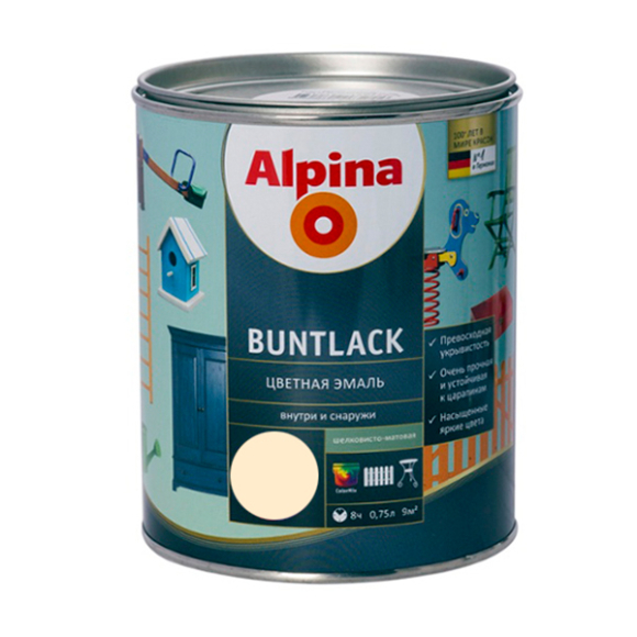 Эмаль Alpina Цветная шелково-матовая RAL9001 кремово-белый 750 мл/0,975 кг