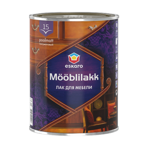 Полуматовый акриловый лак для мебели Eskaro Mooblilakk 15 (Мёблилак 15) 0,9 л