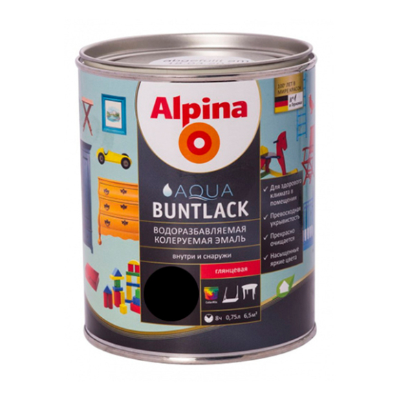Эмаль Alpina Цветная эмаль глянцевая RAL9005 Черный 750 мл/0,683 кг