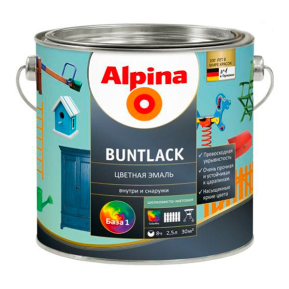 Эмаль алкидная Alpina Цветная эмаль (Alpina Buntlack) шелков-матовая База 1 2,38 л / 3,094 кг