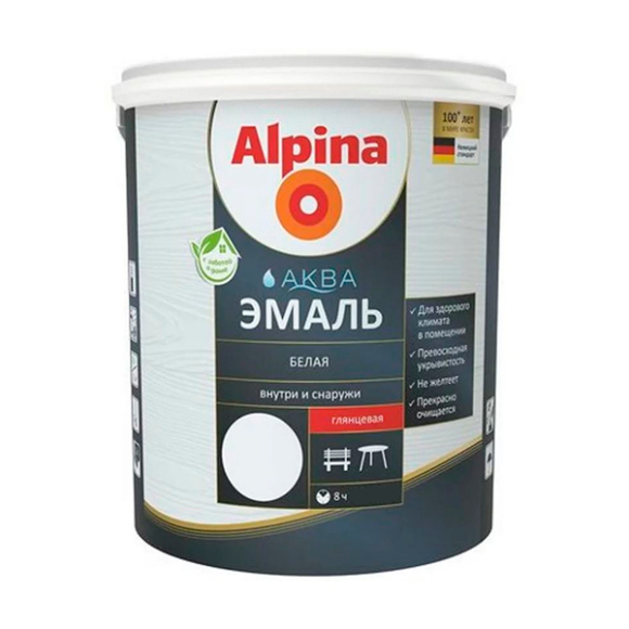 Эмаль акриловая Alpina АКВА Эмаль белая глянцевая 0,9 л/1,1 кг
